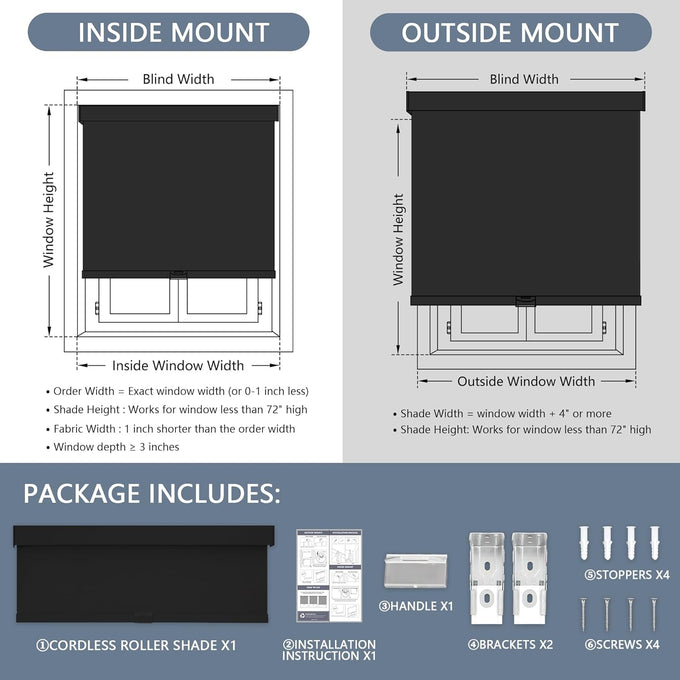 AOSKY Cordless Blackout Roller Shades, 34" W x 72" H, Black