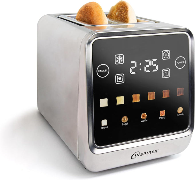 Inspirex Touch Screen Display Smart Toaster, 2 Slice with 8 Bread Type and 7 Browning Modes, Automatic Lowering and Raising, Digital Countdown, Modern Style, Stainless Steel
