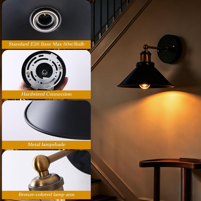 Black & Gold Industrial Wall Sconce, Vintage Farmhouse Lamp