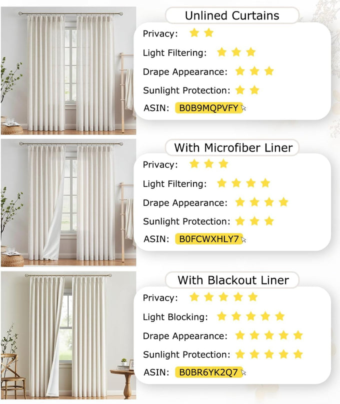 Vision Home Natural Linen Pinch Pleated Semi Sheer Curtains 42Wx90Lx2