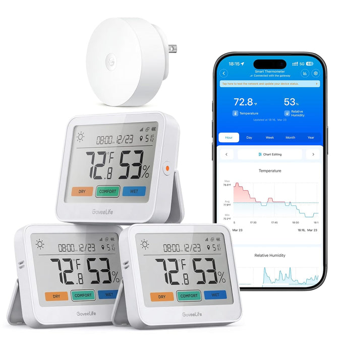 GoveeLife WiFi Thermometer Hygrometer 5-in-1, Large LCD 3-Pack with Gateway