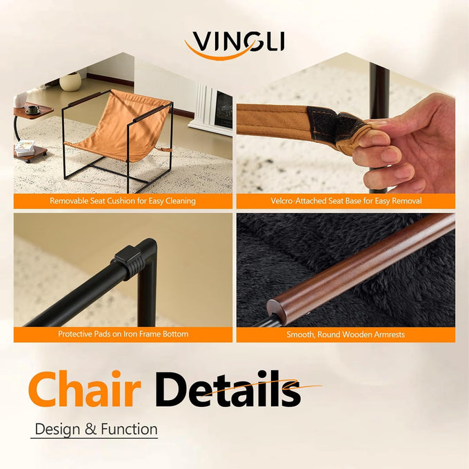 VINGLI 28" Wide Plush Upholstery Sling Modern Accent Chair with Metal Frame, Cute Reading Armchair with Removable Seat Cushion & Tan Microfiber Seat Base, Lazy Chair for Bedroom & Lounge,Black