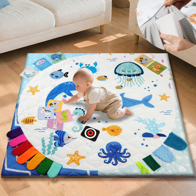TINYHARBO Premium Foam Baby Play Mat 71x59, 4 Developmental Zones Play Mat with Removable & Machine Washable Cover, Extra Thick Padding Playpen Mat, Easy to Clean for Infants, Toddlers & Babies