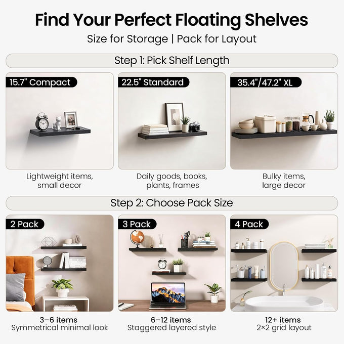 BAYKA Rustic Brown Floating Shelves 22.5in, Set of 2, Wall Mount Wood Shelf
