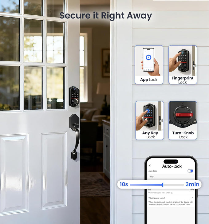 Veise VE017-H 8-in-1 Fingerprint Smart Front Door Lock Set, Matte Black