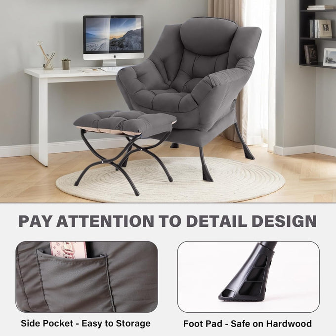 Tiita Lazy Chair with Ottoman, Comfy Reading Accent Chair, Dark Grey