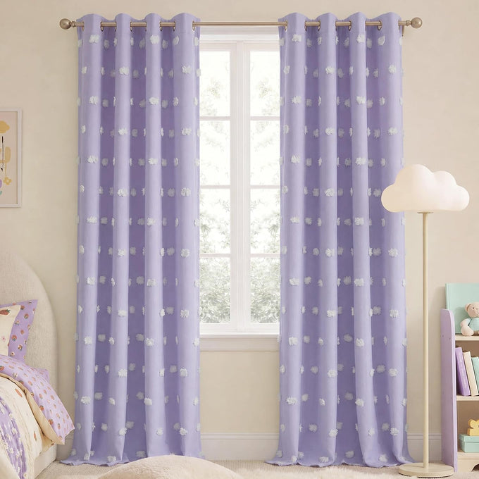 NICETOWN Lavender Purple Pom Pom Curtains, Room Darkening Double Layer Sheer Drapes for Girls Bedroom, Thermal Insulated Window Treatments, W52 x L84, 2 Panels