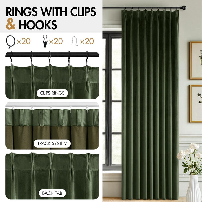 MIULEE Velvet Pinch Pleated Extra Wide Olive Green Blackout Curtains 60x84