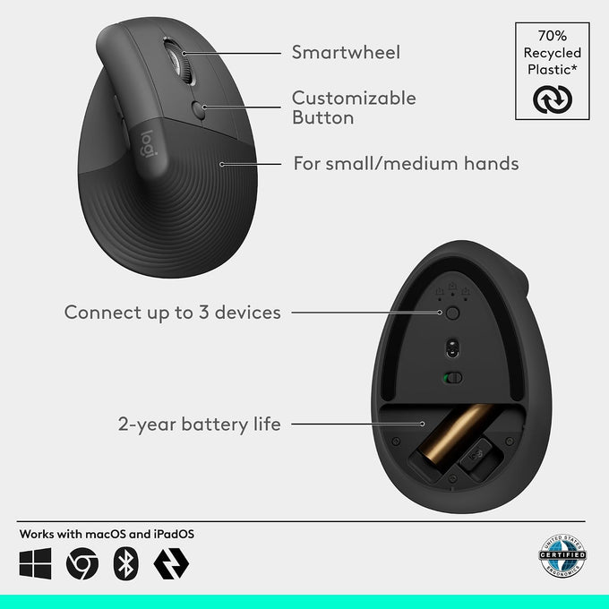 Logitech Lift Vertical Ergonomic Wireless Mouse - Graphite