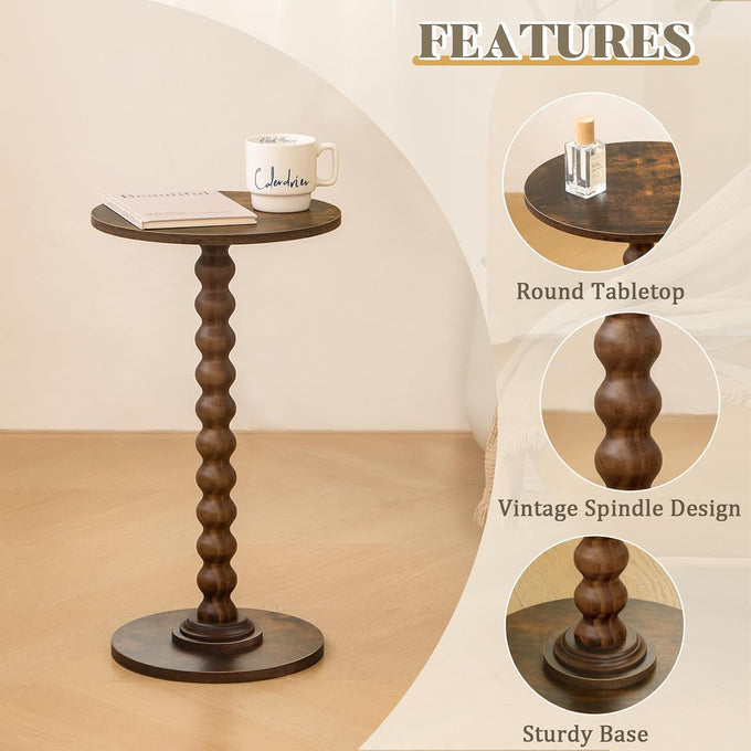 Fultyle Round Side Table, Small Drink Table for Small Spaces, Modern Accent Nightstand with Solid Wood Leg for Living Room, Bedroom, Corners, and Office (Rustic Brown)