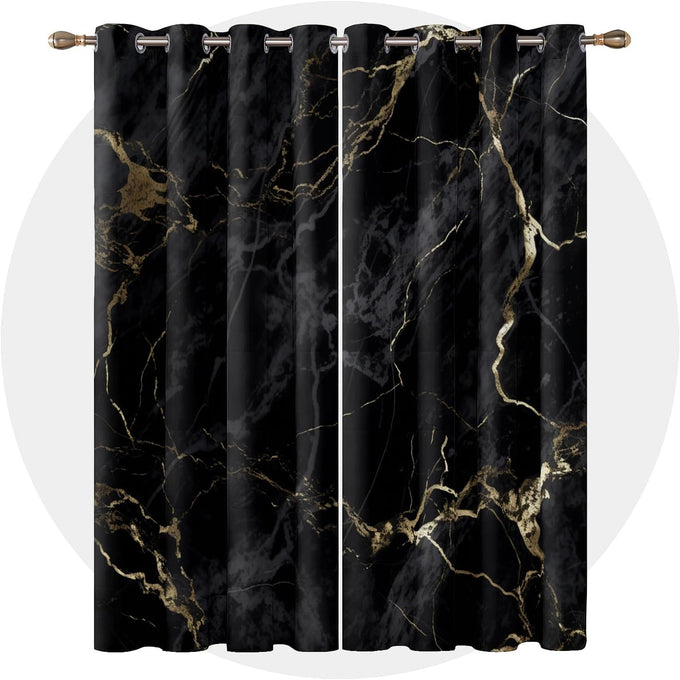 Marble Blackout Curtains for Bedroom Living Room - Black and Gold Abstract Modern Luxury Patterned Window Treatments, Room Darkening Grommet Drapes, 96 Inch Curtains 2 Panel Set