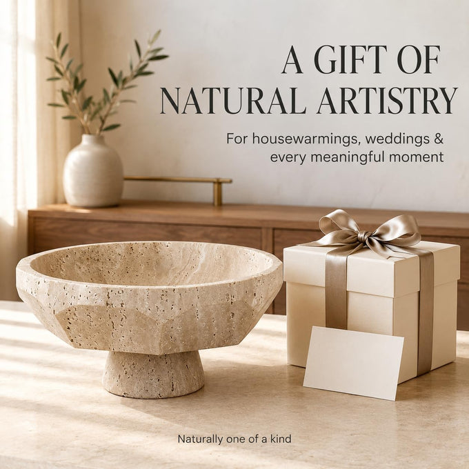 Natural Beige Travertine Pedestal Fruit Bowl, Heavyweight Geometric Diamond Faceted Stone Bowl, Modern Decorative Centerpiece Bowl for Kitchen Counter Island, Entryway Table & Dining Room