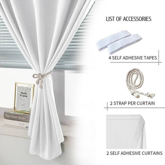 Self Adhesive Curtains Portable Blackout Curtain Simple and Easy to Install Bedroom Window Thermal Lnsulated Kitchen Room Darkening Black Small Drapes, 59" W X 96" L, White, 2 Panels