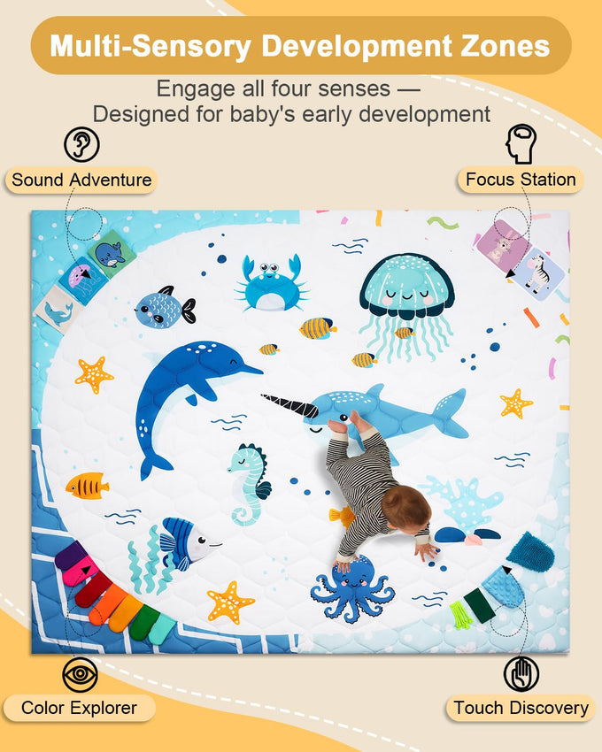 TINYHARBO Premium Foam Baby Play Mat 71x59, 4 Developmental Zones Play Mat with Removable & Machine Washable Cover, Extra Thick Padding Playpen Mat, Easy to Clean for Infants, Toddlers & Babies