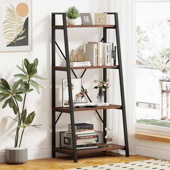 BON AUGURE 5 Tier Ladder Shelf, Leaning Bookshelf, Wood Metal Storage Shelf