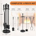 Gtongoko Fireplace Tools Set 5 Pcs 30.5 Inch Black Wrought Iron Large Fire Place Tool Set Indoor/Outdoor Include Poker, Shovel, Brush, Tong and Round Stand, Fireplace Kit Accessories Set