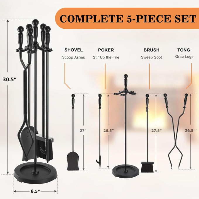 Gtongoko Fireplace Tools Set 5 Pcs 30.5 Inch Black Wrought Iron Large Fire Place Tool Set Indoor/Outdoor Include Poker, Shovel, Brush, Tong and Round Stand, Fireplace Kit Accessories Set