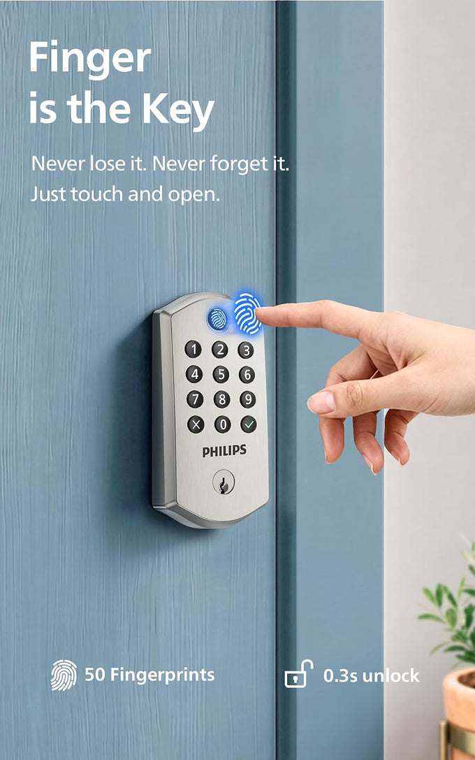 Philips Wi-Fi Smart Lock for Front Door, Fingerprint Keyless Entry Door Lock, Electronic Keypad Deadbolt, App Remote Control, Auto Lock, Compatible with Alexa and Google, Easy Installation