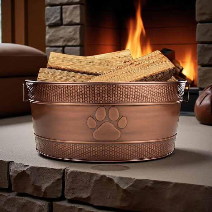 BREKX 25-Quart Tub for Firewood Storage Rack Log Holder - Heavy-Duty Portable Galvanized Tub with Handles for Indoor/Outdoor (Bronze Paw)