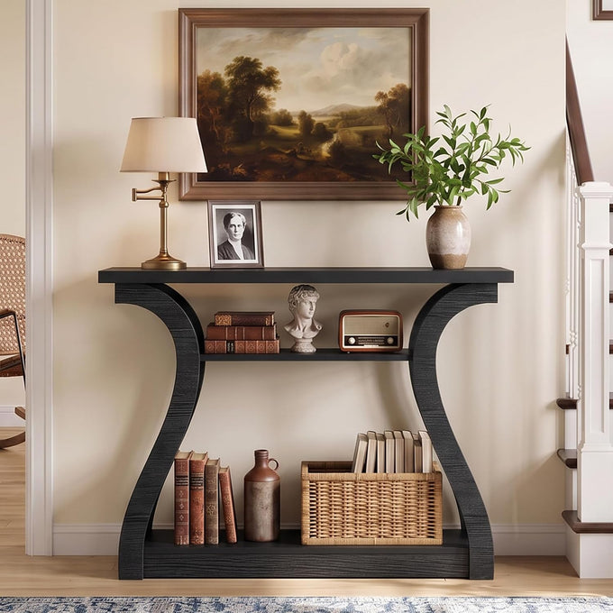 Wood Console Table, 3-Tier Accent Sofa Table (Black)