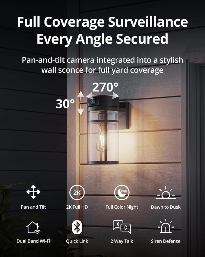 Outdoor Porch Light Security Camera, 2K HD Pan & Tilt with AI Human Detection, 2-Way Talk, Night Vision, Dual-Band WiFi, Auto Dusk to Dawn, Wall Lantern for Porch, Garage, Doorway