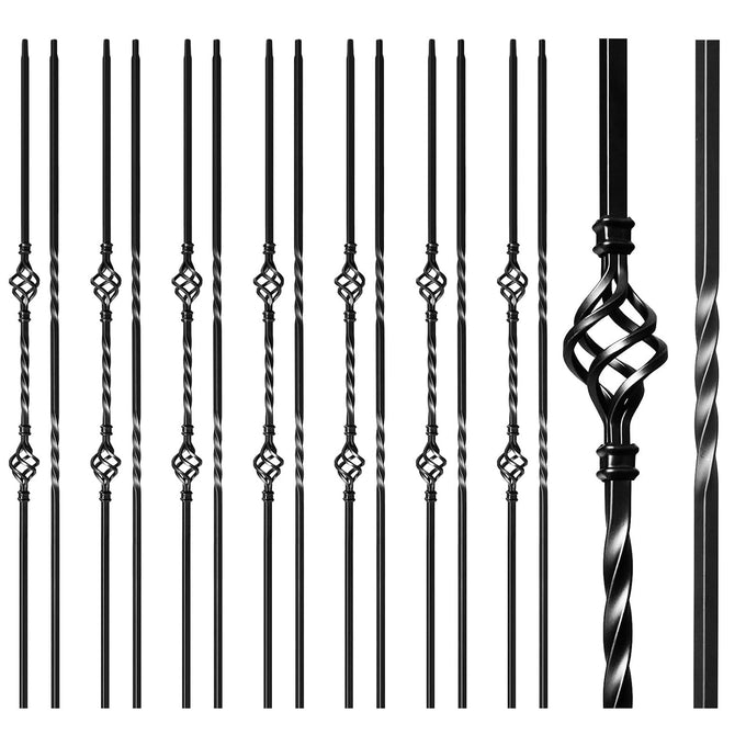 16 Pcs Wrought Iron Balusters for Staircase Interior, 44" Hollow Double Basket with Double Twist Metal Stair Spindles Balusters, 1/2" Balusters for Staircase Decorative - Matte Black