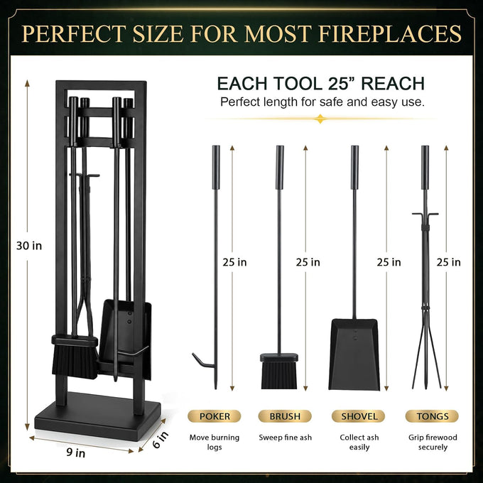FEED GARDEN 5-Piece Fireplace Tool Set, 30" One-Piece Stand, Wrought Iron