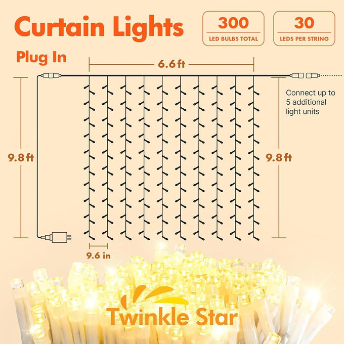 Twinkle Star 300 LED Window Curtain String Lights, Warm White, 2 Pack