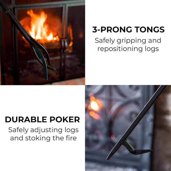 Plow & Hearth 5 Piece Hand Forged Iron Compact Fireplace Tool Set 20" | Black Wrought Iron Handle for Outdoor Indoor | Stand Poker Shovel Brush Log Tongs Wood Stove Accessory