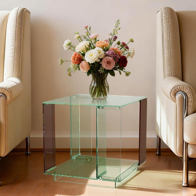 Acrylic End Table Square: 2-Tier Nightstand Desk Clear Green Brown