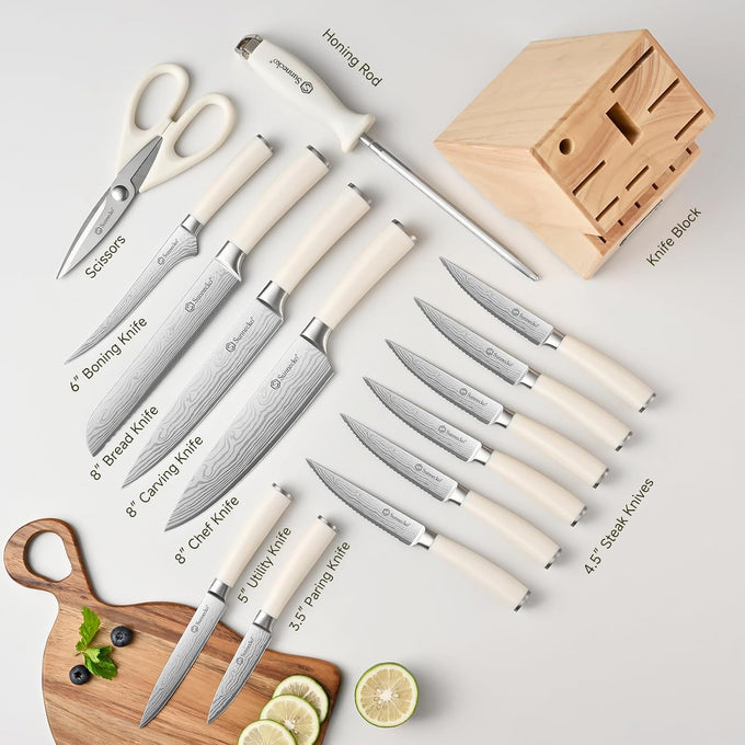 Sunnecko 15-Piece Kitchen Knife Set with Block and Sharpener, White Handle