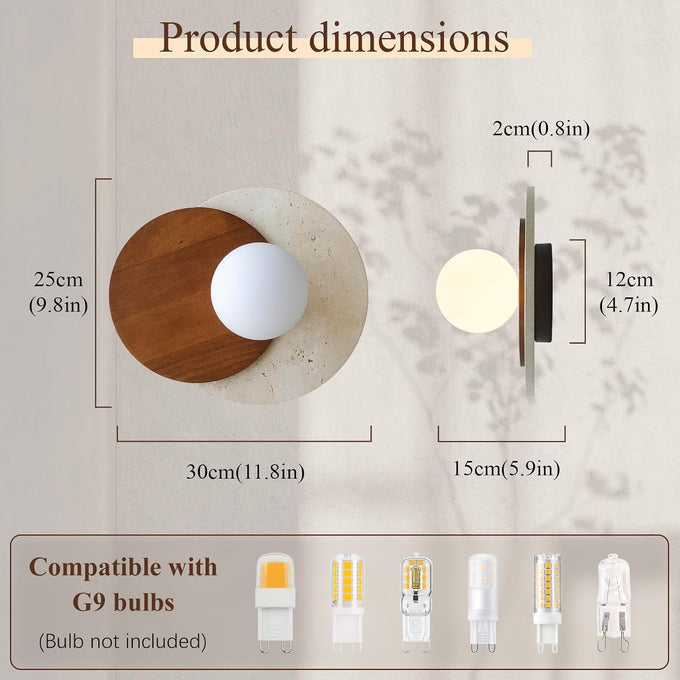 Wabi-Sabi Travertine Wall Sconce, Round Natural Stone & Walnut Wood Accent with White Glass Sphere Lamp Shade, G9 Bulb | Wall Lights for Bedroom, Hallways, Staircases, Hotel, Bars, Cafes