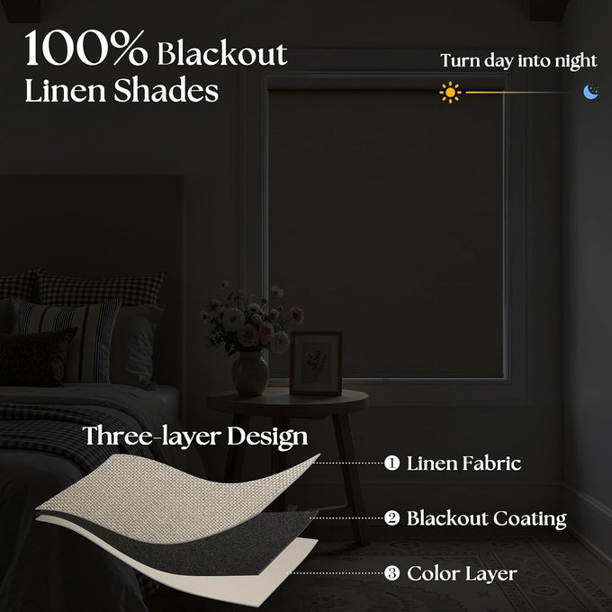 Blackout Roller Shades for Bedroom Window Cordless Free-Stop Blinds with Valance UV Protection 100% Black Out Linen Shades Blinds for Indoor Bathroom Windows Living Room Beige Oatmeal 34" W x 72" H