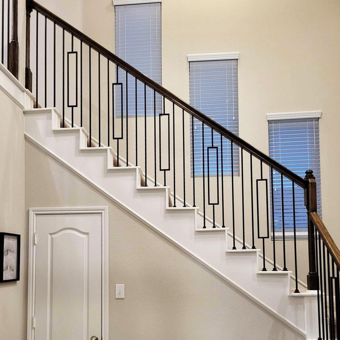Contemporary Rectangle Stair Wrought Iron Balusters (Contractor 10-Pack) Modern Hollow Metal Railing Spindles (Real Satin Black not Matte)