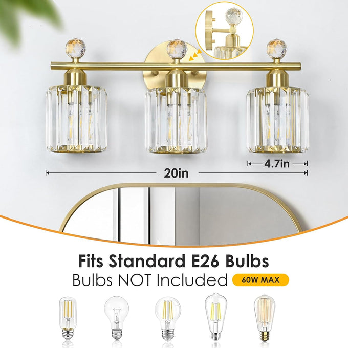 3-Light Gold Bathroom Light Fixtures,Modern Bathroom Vanity Lights Fixture with Clear Crystal Glass Shade, Modern Crystal 3 Lights Wall Sconce for Mirror Bedroom Living Room