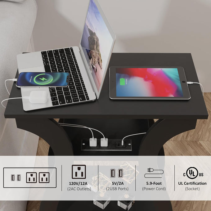 FROMJBEST End Tables Living Room Set of 2 with Charging Station, Black