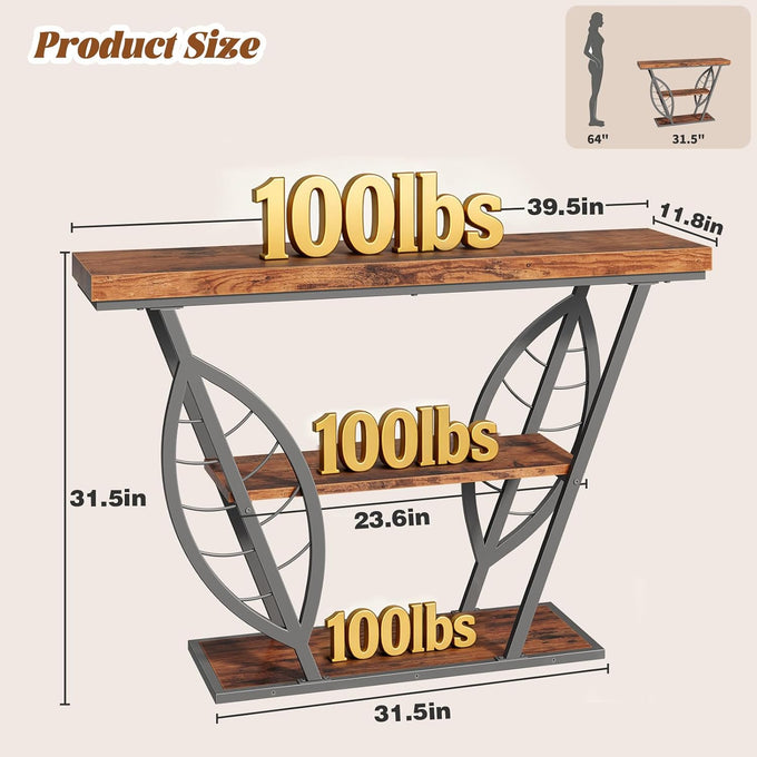 HavenlyYouth Leaf Design Console Table for Entryway, 3-Tier Storage, 30mm Thick Rustic Brown Industrial Metal Frame, Easy-to-Assemble Narrow Accent Table, Space-Saving for Hallway, Entrance, Foyer