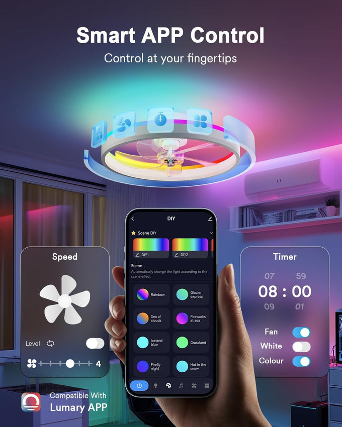 Lumary Smart WiFi Ceiling Fans with Lights, Low Profile Flush Mount White