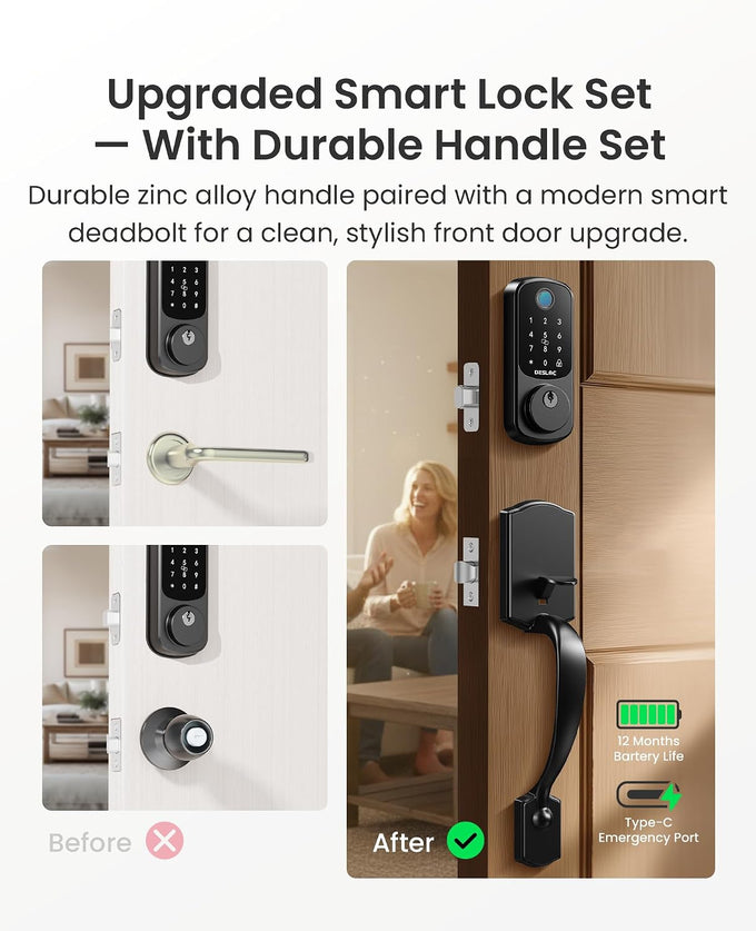 DESLOC B200 Smart Front Door Lock Handle Set, Fingerprint & App Control