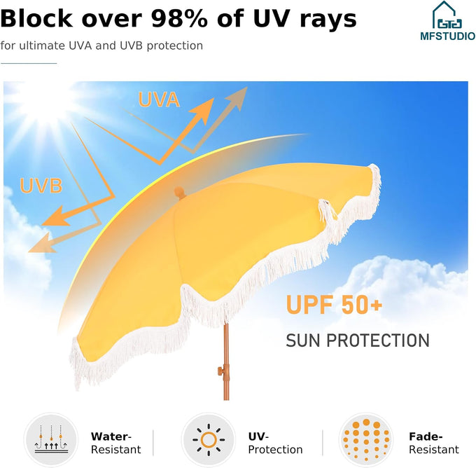 7ft Patio Beach Umbrella with Fringe, Outdoor Umbrella for Poolside, Yellow