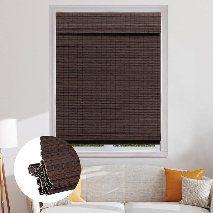 SEEYE Cordless Bamboo Roman Shades, Blackout Natural Bamboo Blinds for Indoor Windows, Roll Up Blind Privacy Shade for Home, Office, Door, UV Resistant & Easy to Install, 42" W x 64" H, Brown