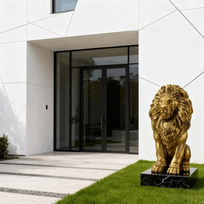 Large Golden Lion Garden Statue, 24" Resin Regal Sitting Lion Sculpture for Front Door, Luxury Home Entrance Guardian Decor, Outdoor Animal Figurine, Feng Shui Protection Beast