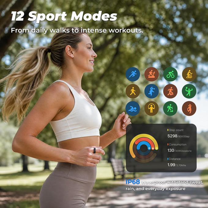 Smart Ring for Women Men, Sleep Tracker, 12 Sports Modes, Size 14 Black