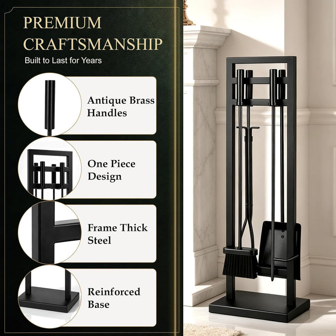 FEED GARDEN 5-Piece Fireplace Tool Set, 30" One-Piece Stand, Wrought Iron