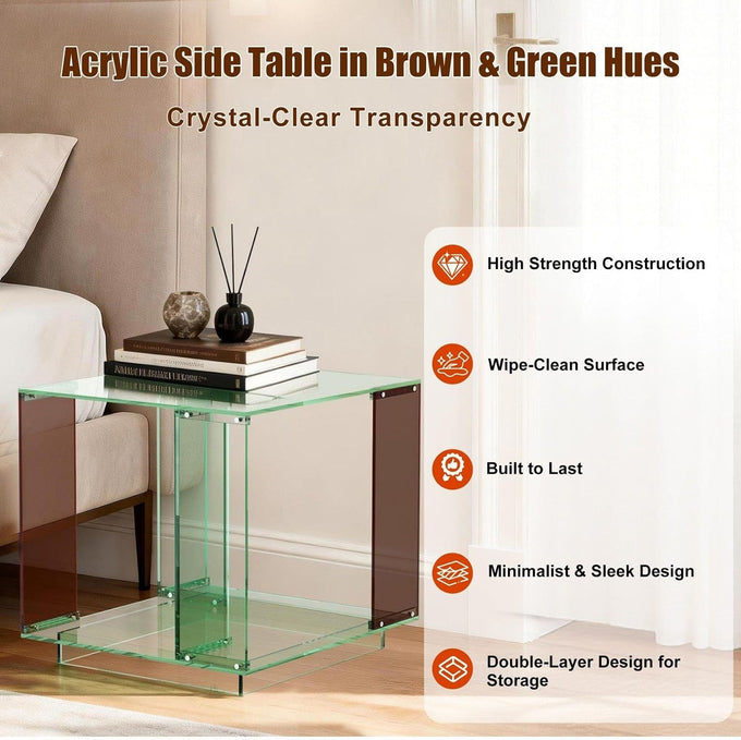Acrylic End Table Square: 2-Tier Nightstand Desk Clear Green Brown