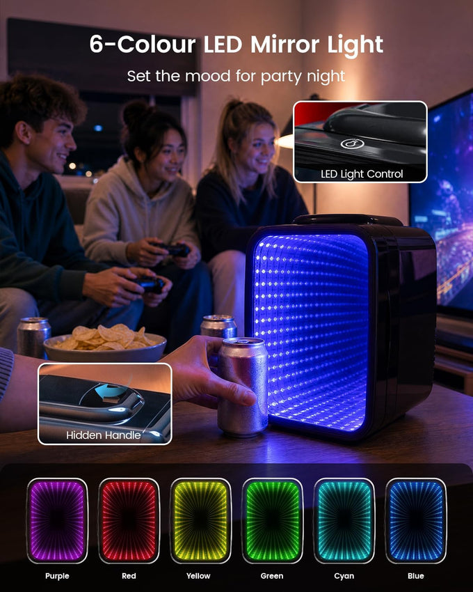 Mini Fridge, 4L/6 Can Compact Fridge with 6 Color Dimmable LED Mirror Light