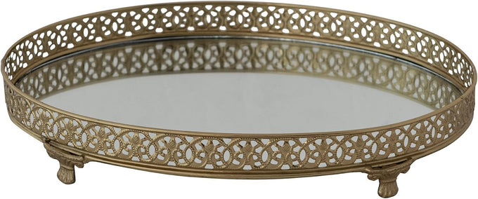Creative Co-Op Oval Metal Filigree Footed Tray with Mirror, Gold Finish