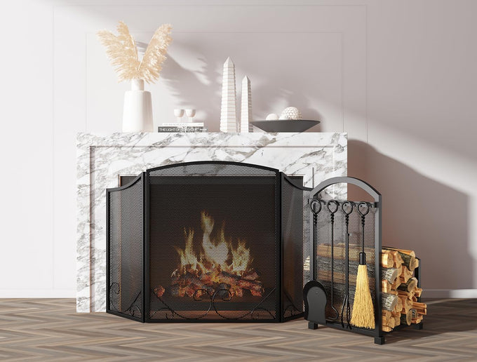 Lizh Metalwork Fireplace Log Holder with Fireplace Tools, Wrought Iron Indoor Stove Accessories Firewood Rack Holder Lumber Storage Stacking Log Holder Log Bin with Tongs Shovel Poker and Brush