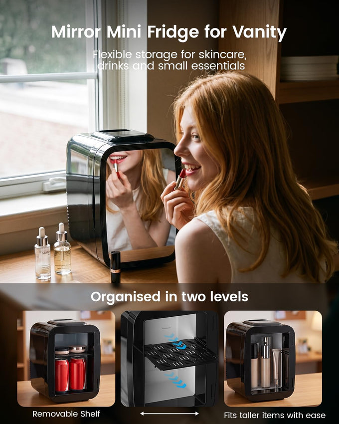 Mini Fridge, 4L/6 Can Compact Fridge with 6 Color Dimmable LED Mirror Light