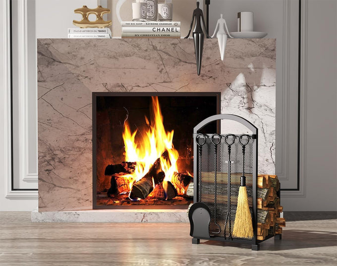 Lizh Metalwork Fireplace Log Holder with Fireplace Tools, Wrought Iron Indoor Stove Accessories Firewood Rack Holder Lumber Storage Stacking Log Holder Log Bin with Tongs Shovel Poker and Brush